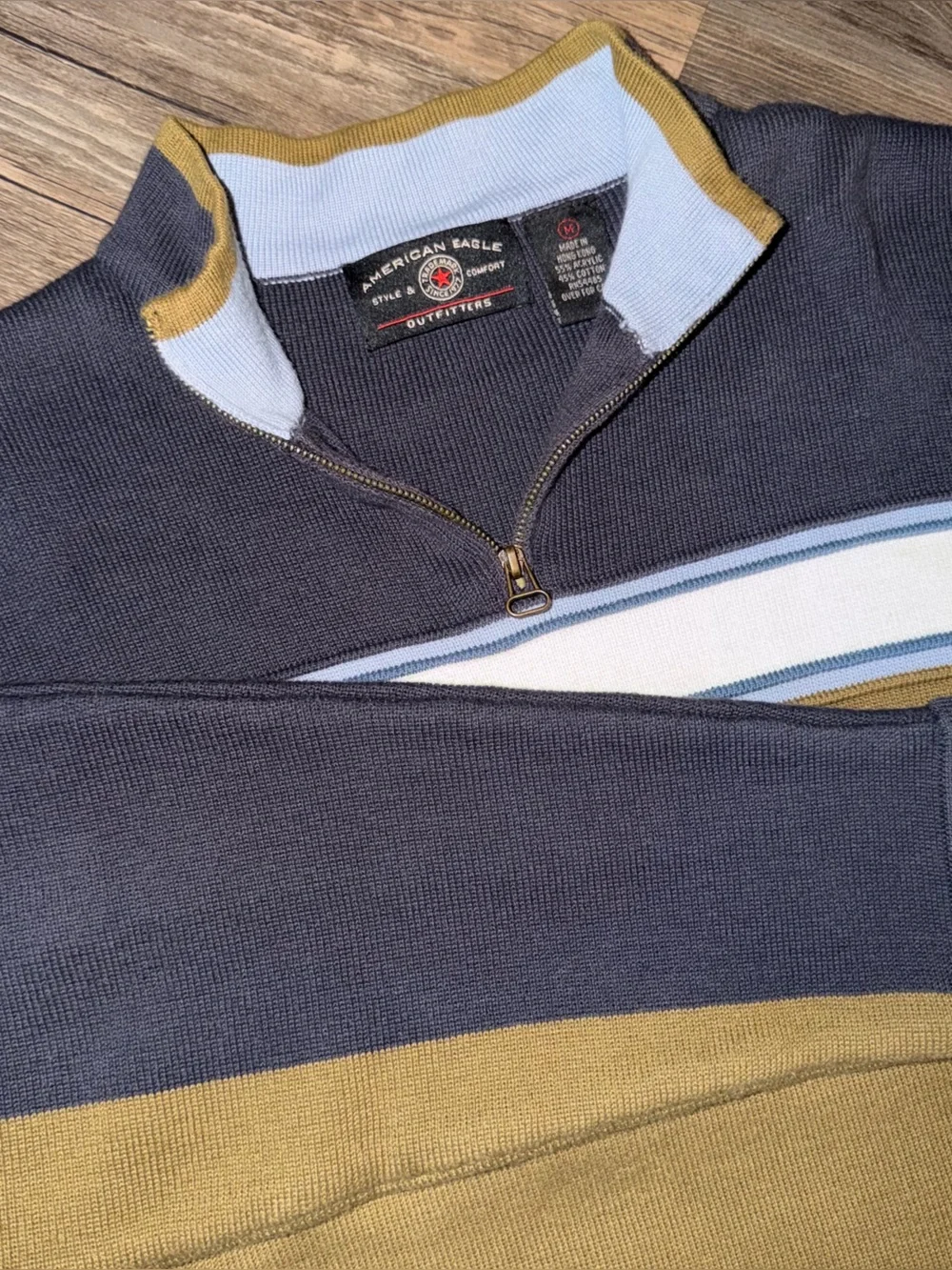 Vintage American Eagle Outfitters Navy, Light Blue & Mustard Half-Zip Sweater